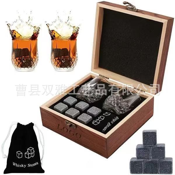 Pine wood aged ice wine stone wooden box glass cup wooden box ice clip granite whiskey set gift box packaging wholesale