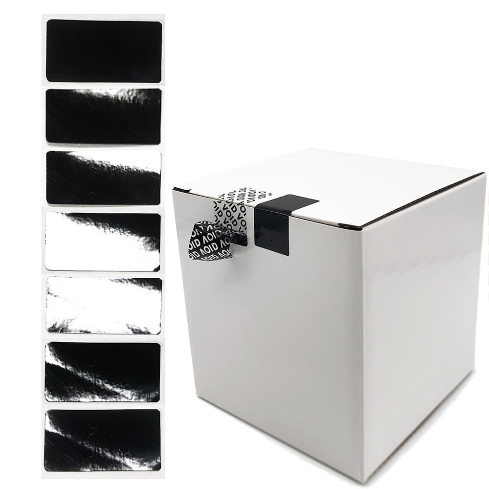 Black tamper-evident VOID anti-counterfeiting label sticker, peelable and invalid; custom rectangular self-adhesive label.