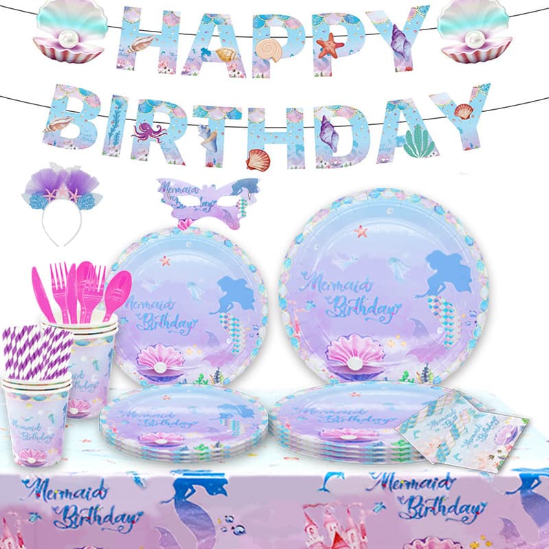Mermaid theme children's birthday party supplies layout tableware paper plate dinner plate set tablecloth flag decoration