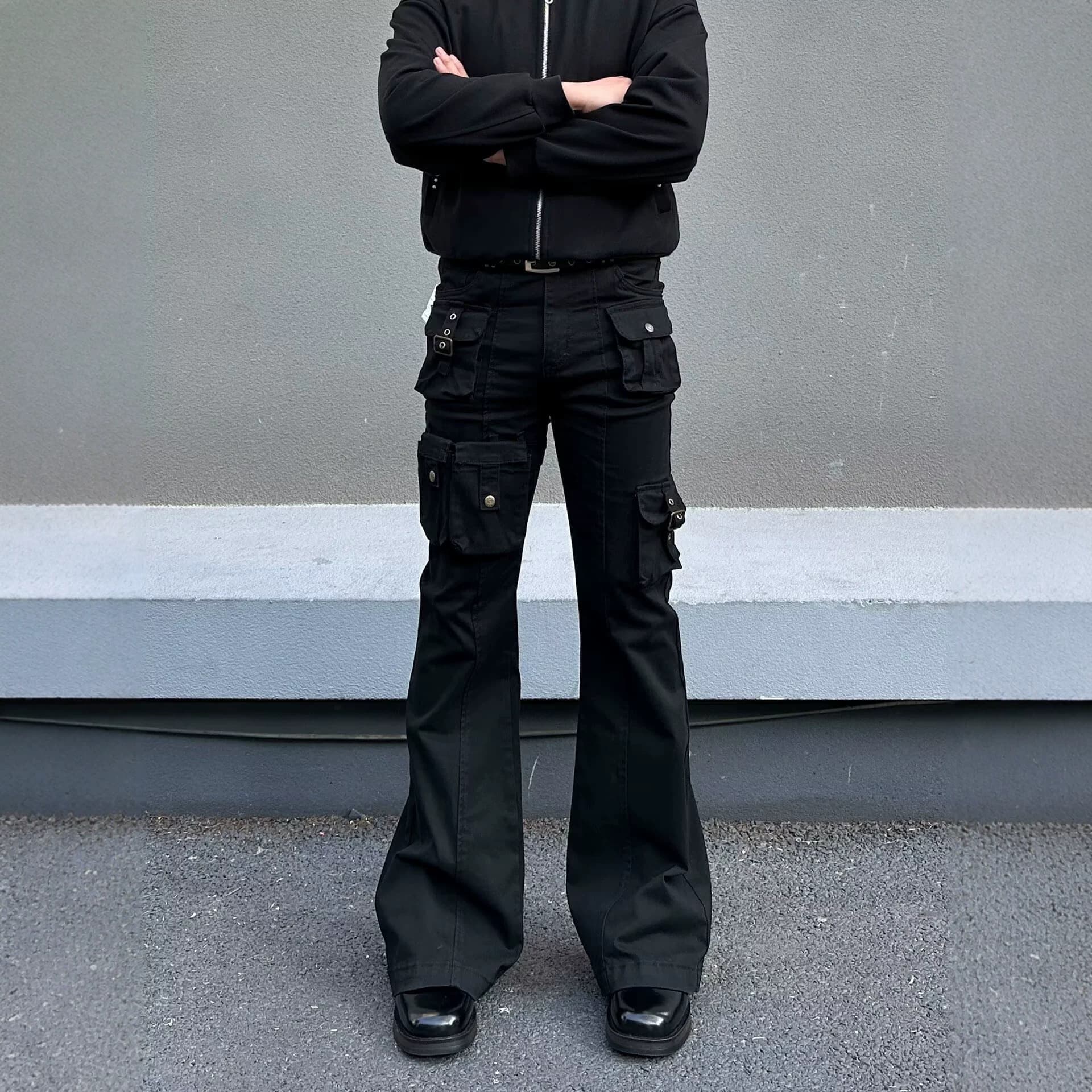 American High Street Vibe Black Flared Jeans Men and Women Loose Rogue Multi-Pocket Rivet Strap Cargo Long Pants