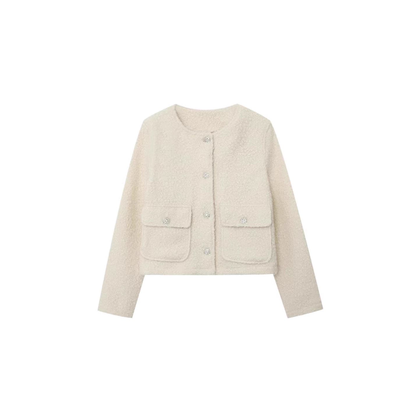 New Autumn/Winter Women's Jacket: Elegant Versatile Button-Trimmed Round Neck Long Sleeve Loose Fit Pocket Short Jacket