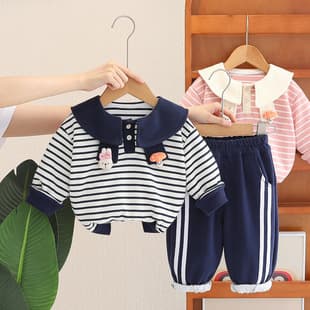 Girls Autumn Navy Collar Set, 2025 Spring and Autumn New Style, Baby Girl Cute Striped Sweatshirt Kids Outfit