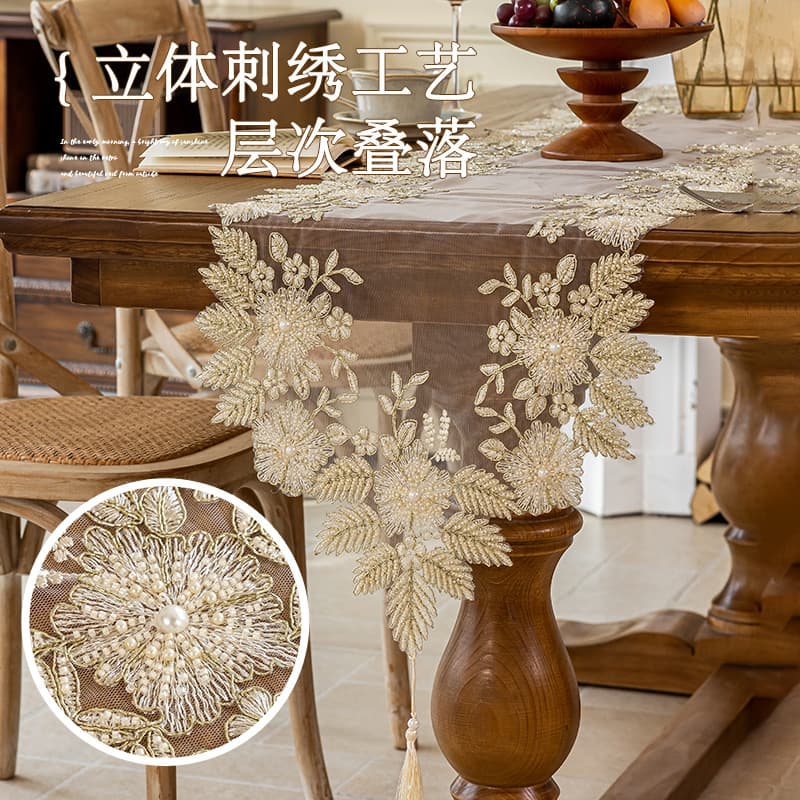 European Fabric Hollow Table Flag Lace Embroidery Pearl Table Mat Long Cloth Decoration Home Table Cloth Cross-Border Wholesale
