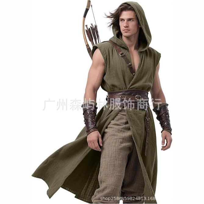 Cross-border European and American Halloween medieval linen men's sleeveless hooded cardigan Renaissance mid-length hooded shirt