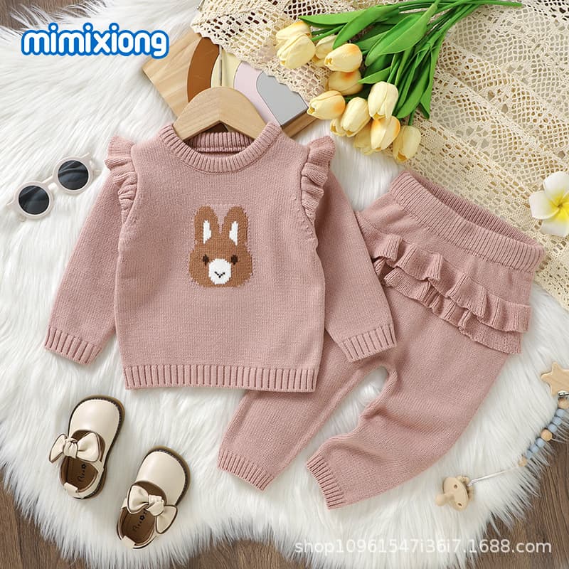 Spring/Autumn New Baby Knit Two-Piece Set Girl Rabbit Jacquard Sweater + Floral Hem Pants Set