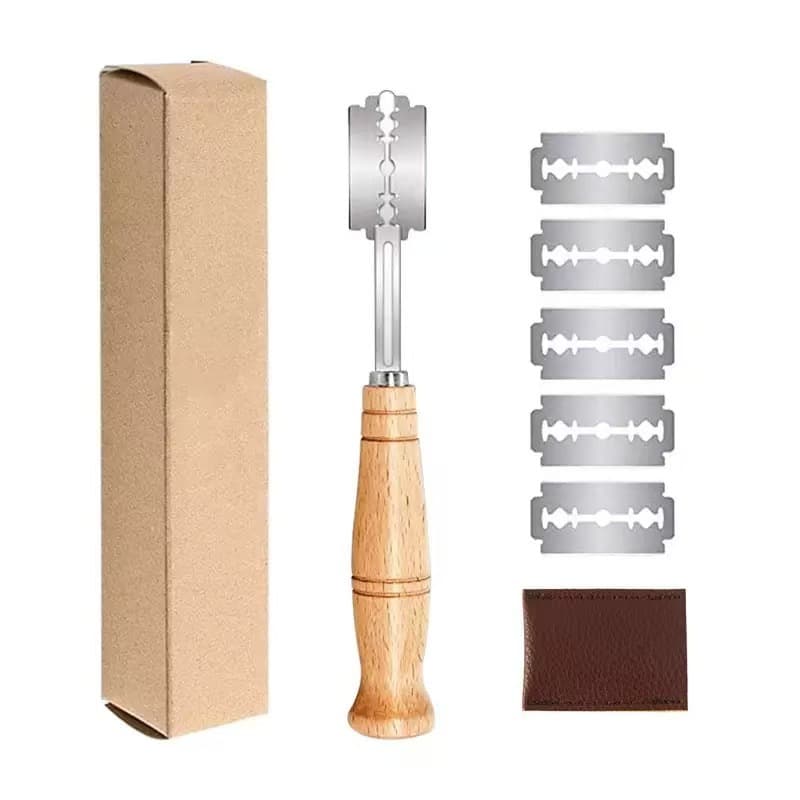 Baking Tool 304 Stainless Steel Bread Scoring Knife Wooden Handle Bread Lame Curved Bread Scoring Blade