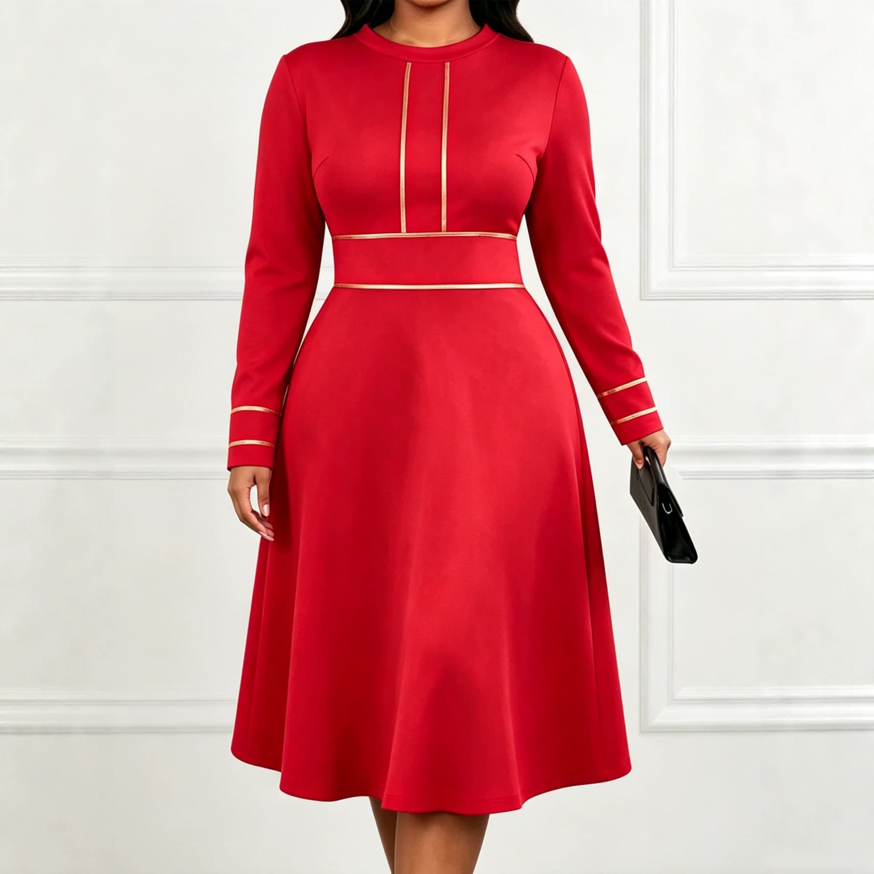 In Stock European and American Plus Size Red Gold Trim Waist Dress Round Neck Long Sleeve A-Line Midi Banquet Gown for Women