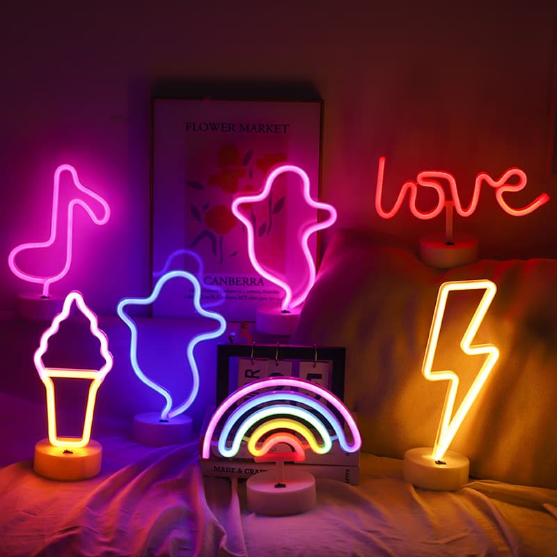 LED Neon Shape Light - Lightning, Heart, Rainbow, Flamingo, Round Base Decorative Light for Room Bedroom Night Light