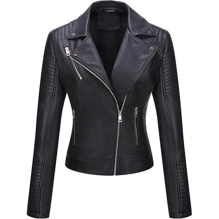 202 Spring/Autumn Short Leather Jacket for Women, European Fit Slim Notch Lapel Moto Jacket with Asymmetric Zipper, Amazon Women's Coat