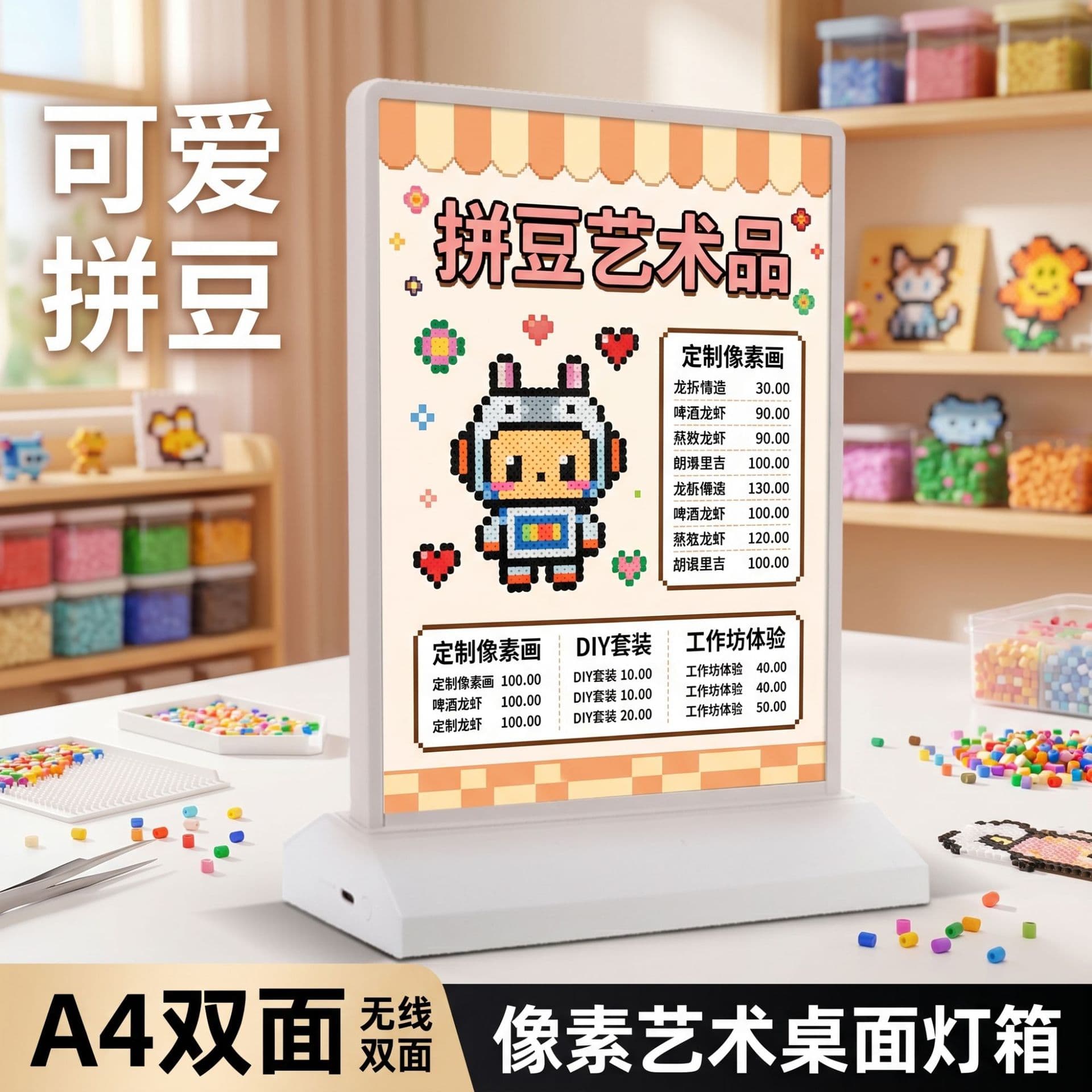 Fuse Bead Display Art Double-Sided Bar Light Box Rechargeable LED Desktop Illuminated Sign A45 Movable Table Card