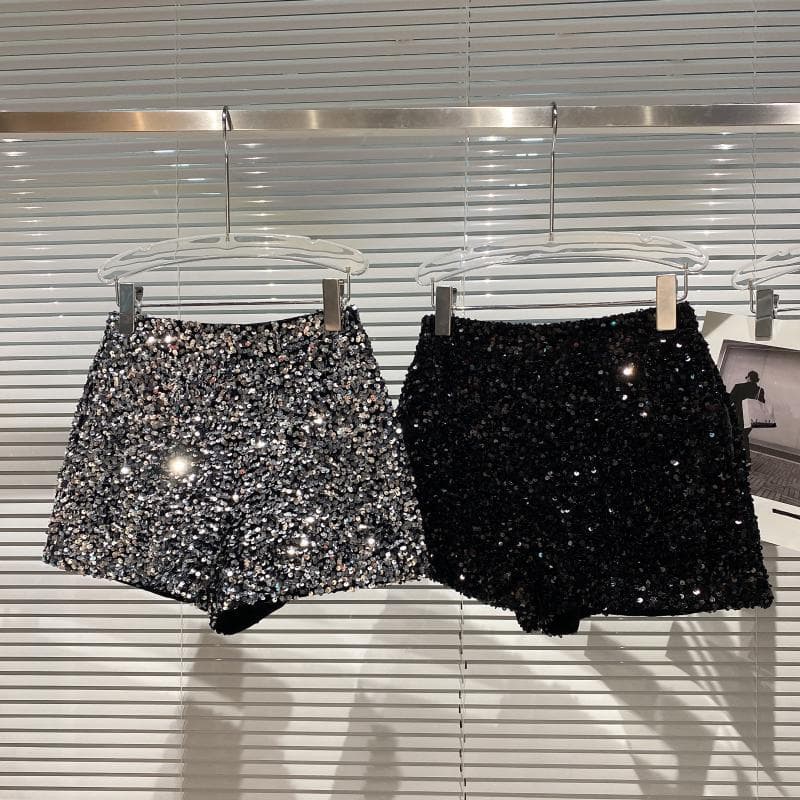 Autumn New Glittering Zipper Nightclub Socialite Style Half Pants Women's Fashionable Brightly Embellished Short Trousers