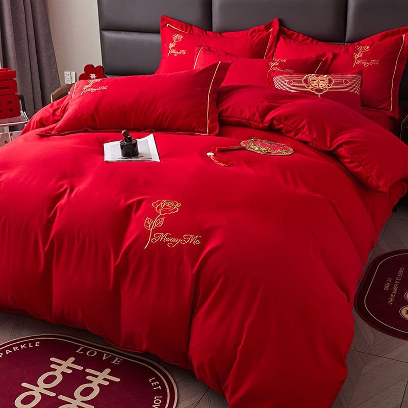 High-end wedding bedding set in bright red, perfect for newlyweds. (Single item)