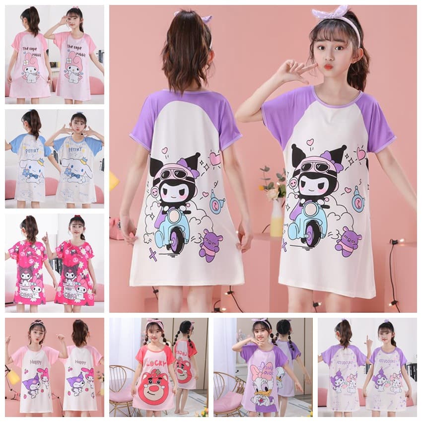 2025 Summer Short-Sleeved Girls' Nightgowns, Thin Cartoon Pajamas for Babies and Little Girls, Mid-to-Large Children's Home Wear