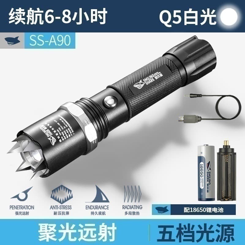 Smile Shark Aluminum Alloy Rechargeable Focusable LED Tactical Flashlight with Strike Bezel for Self-Defense and EDC