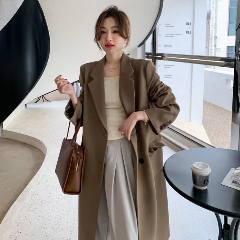 2024 Spring/Autumn Korean-style long women's blazer, casual suit loose slimming elegant knee-length coat.