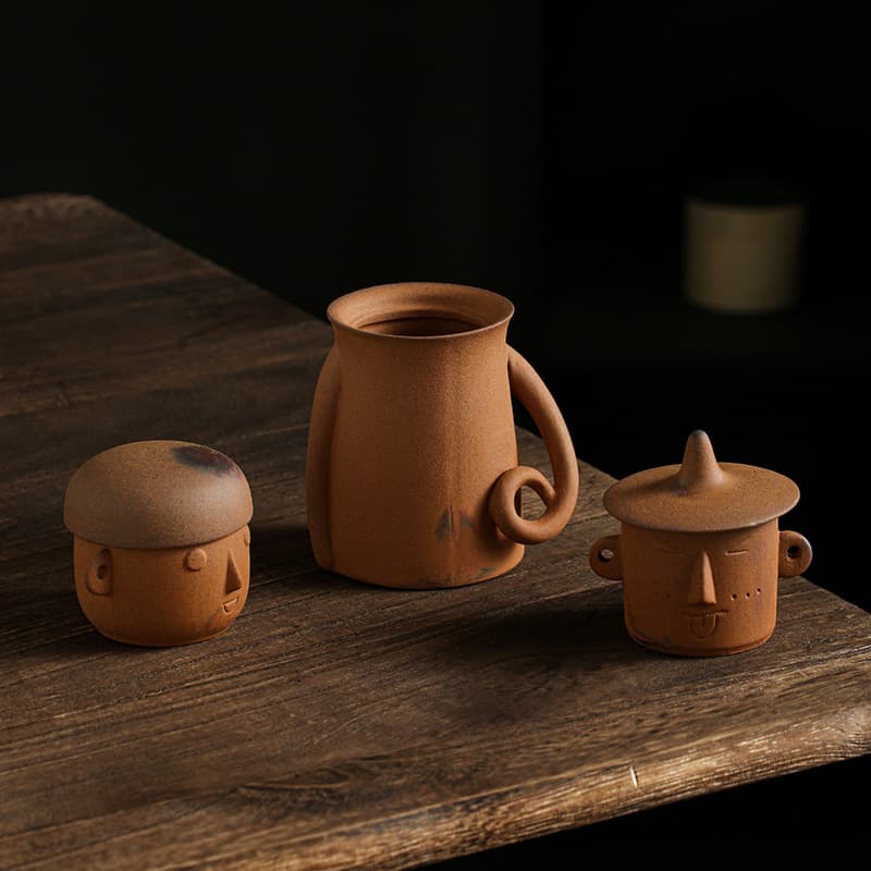 Tao Mi Coarse Pottery Tea Cup Set of 2 or 3 Pieces Creative Figurine Ornament Host Cup Tasting Cup Home Kung Fu Tea Set