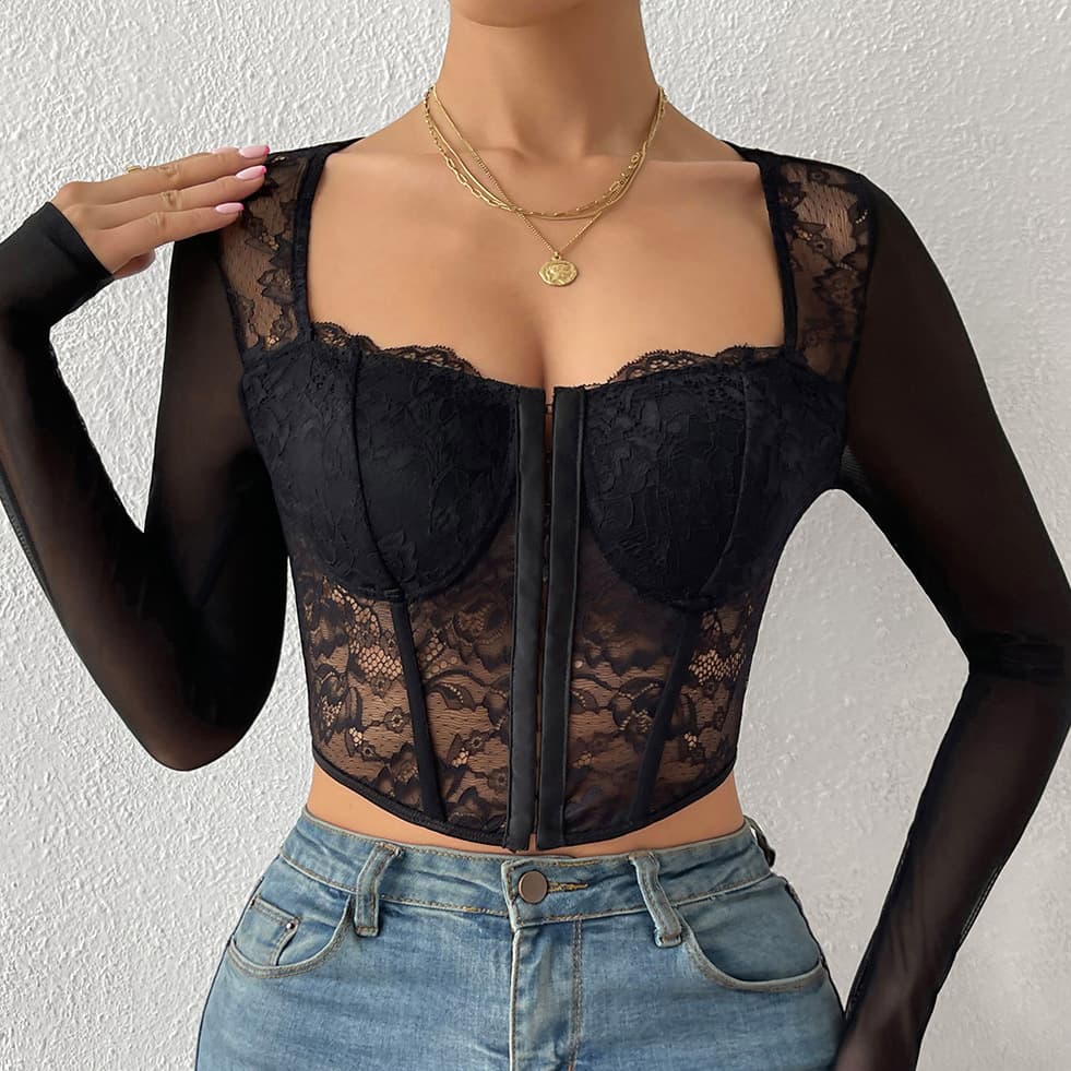 New Sexy Lace See-Through Mesh Button Corset Top with V-Neck for Women 10776