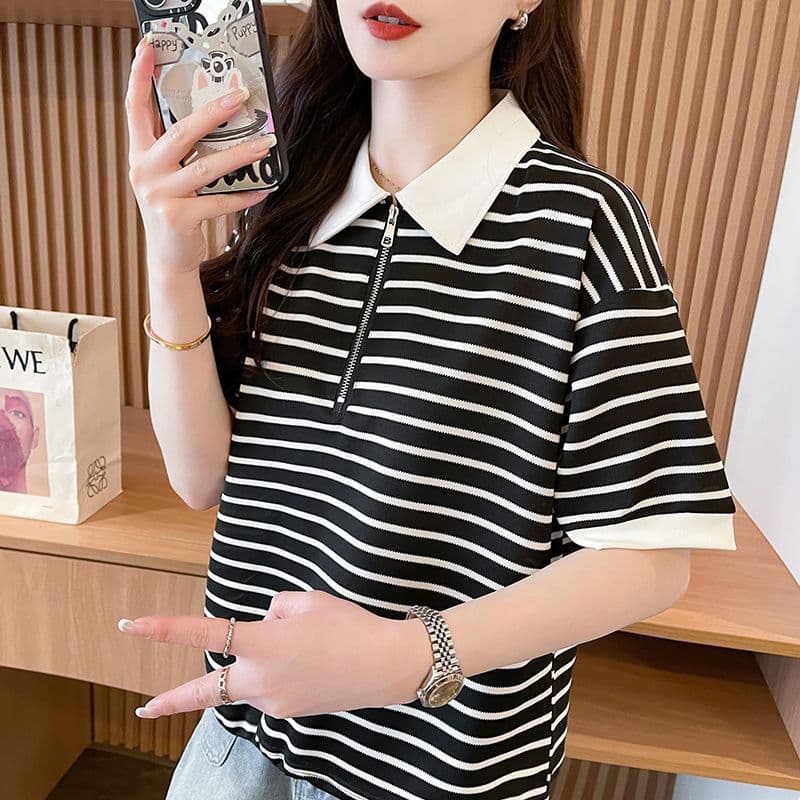Summer Half-Zip Short Striped T-Shirt for Women, Ins Style Simple Casual Loose Slimming Short Sleeve Top for Petite Women