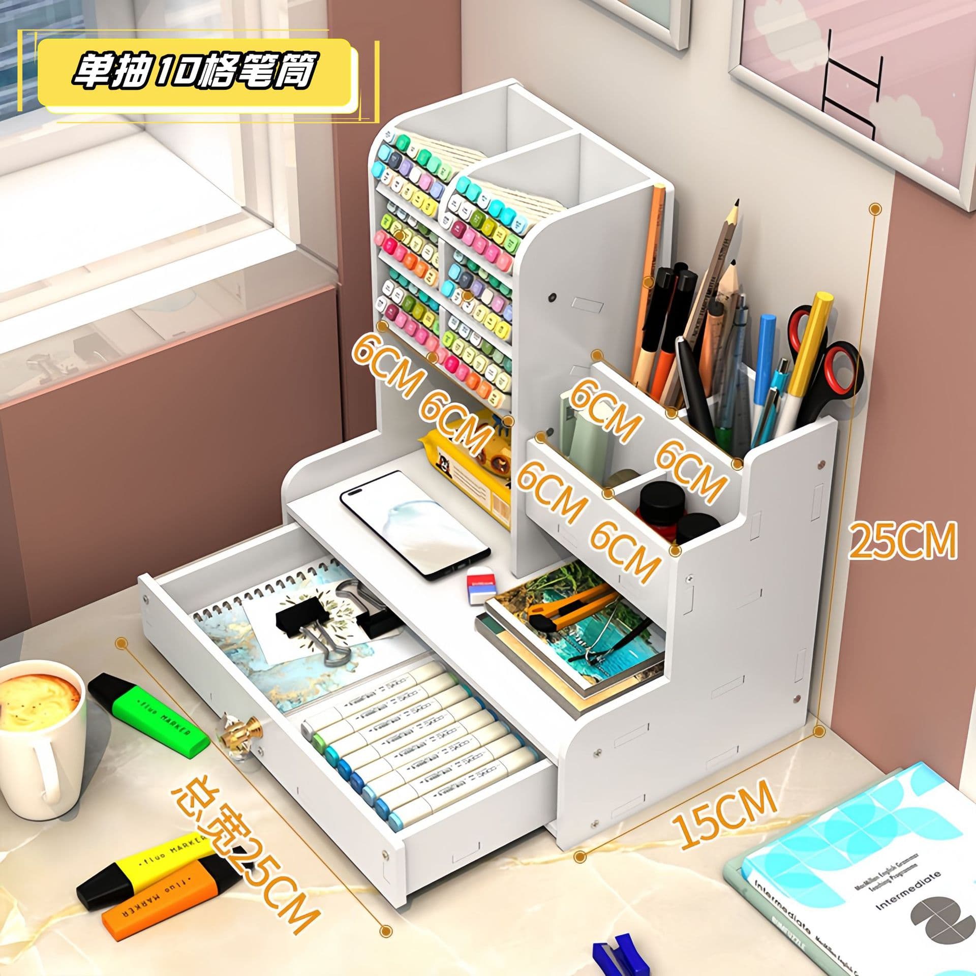 Desktop Drawer Organizer Pen Holder with Compartments for Office Kids Marker Storage Box with Drawer