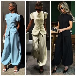 Round Neck Single Row Diagonal Button Waist-Cinching Short Puff Sleeve Small Blazer Wide-Leg Elastic Cuff Lantern Pants Two-Piece Set