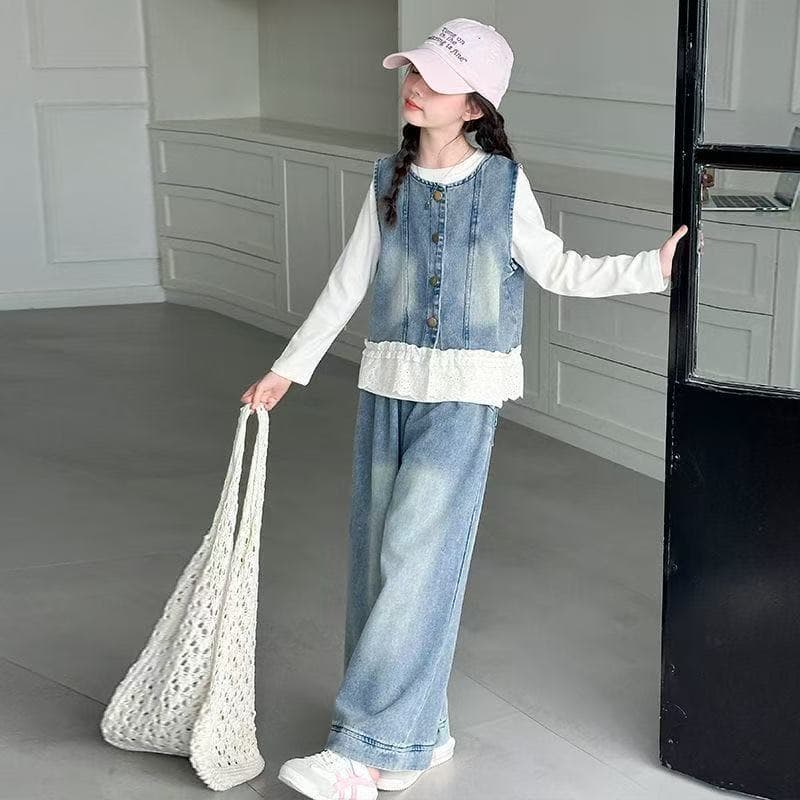 Girls' Set Children 2025 New Spring Wear Medium/Large Kids Korean Style Casual Stylish Lace Vest Denim Three-Piece Set