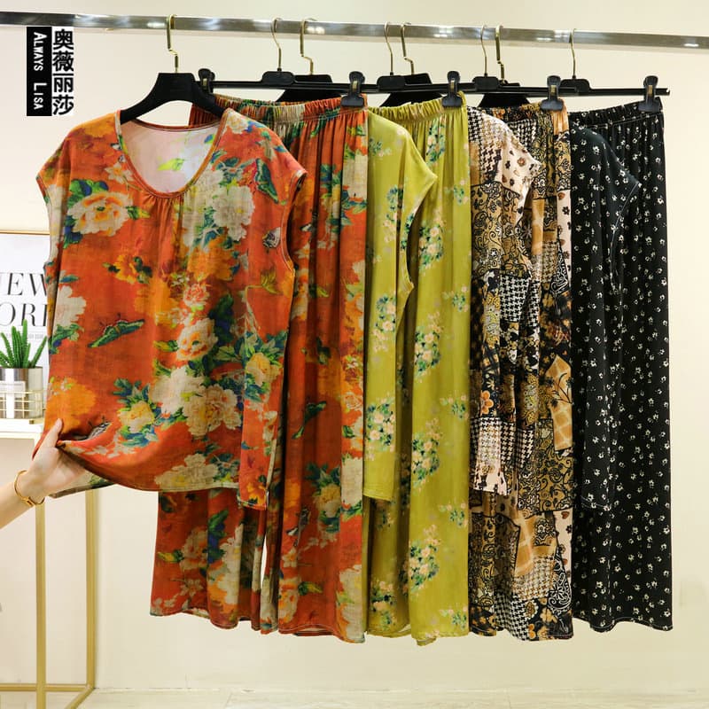 Cotton Silk Pajamas for Women, Summer Thin Sleeveless Long Pants Two-Piece Set, Loose Plus-Size Artificial Cotton Loungewear for Moms