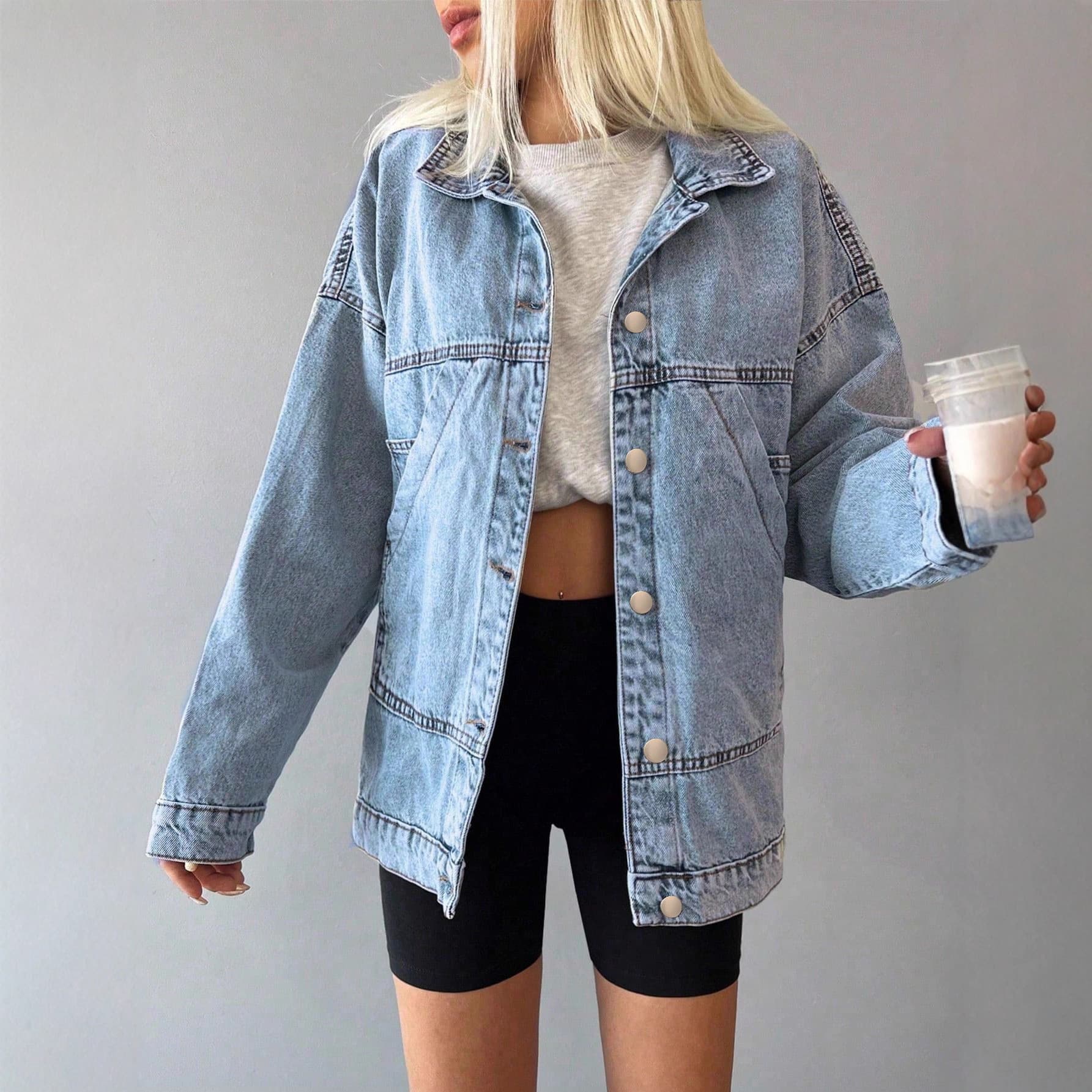 Cross-Border European and American Style Denim Jacket, Casual Long-Sleeved, Drop-Shoulder Button-Front Loose Denim Jacket