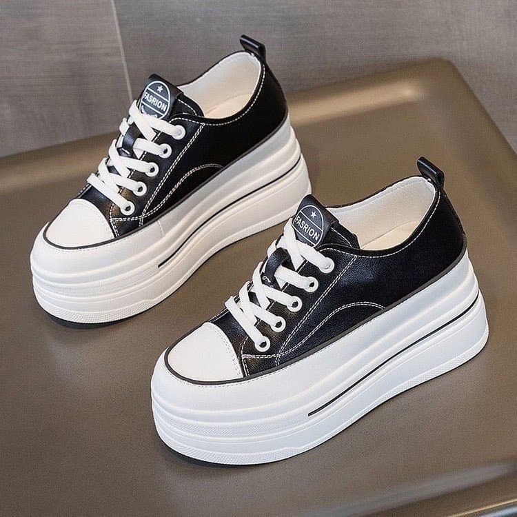 Women's White Sneakers with Hidden Height Increase, 2024 Spring New Model, Round Toe, Lace-Up, Breathable, Student Casual Platform Shoes with High Heels
