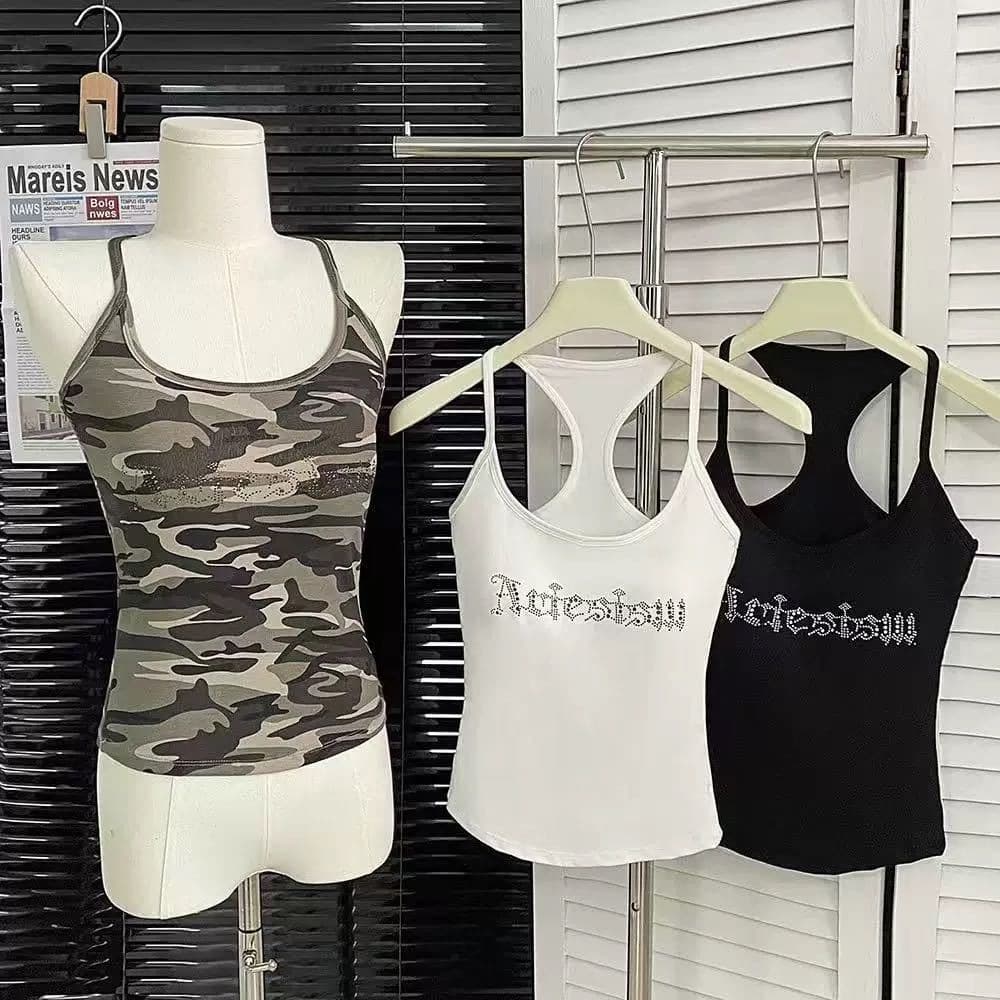 1908# Camo Rhinestone Racerback Vest for Women with Padded Bra, Summer Thai Hot Girl Tube Top