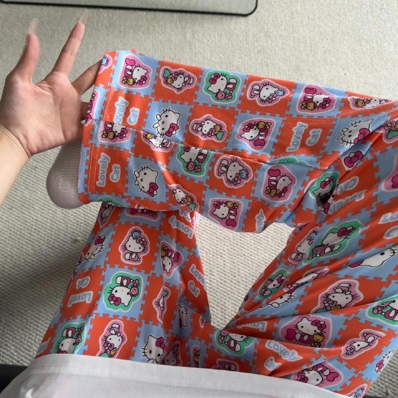 Spring and Autumn Women's Pajama Pants, Sweet and Cute Home Pants, Plaid Cartoon Style, Suitable for Students, Can Be Worn Outside, Faux Cotton, Loose Casual Long Pants
