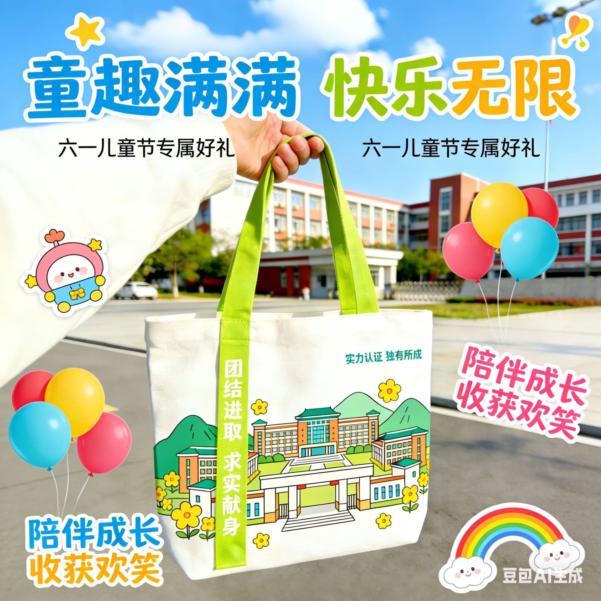 Back-to-School Children's Day Canvas Bag Custom Logo Gift Tote Bag Kindergarten Elementary School Student Growth Canvas Bag