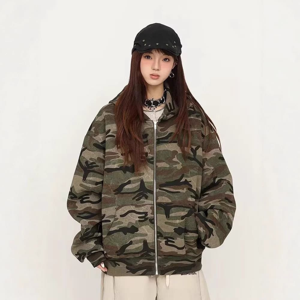 Spring and Autumn New American Retro Camo Hooded Fleece Sweatshirt Unisex Loose Versatile High Street Hip Hop Jacket