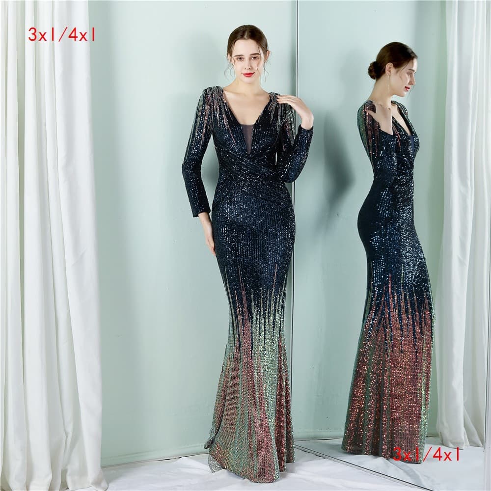 19037-S#3XL4XL Long Sequin Plus Size Performance Dress Banquet Evening Gown