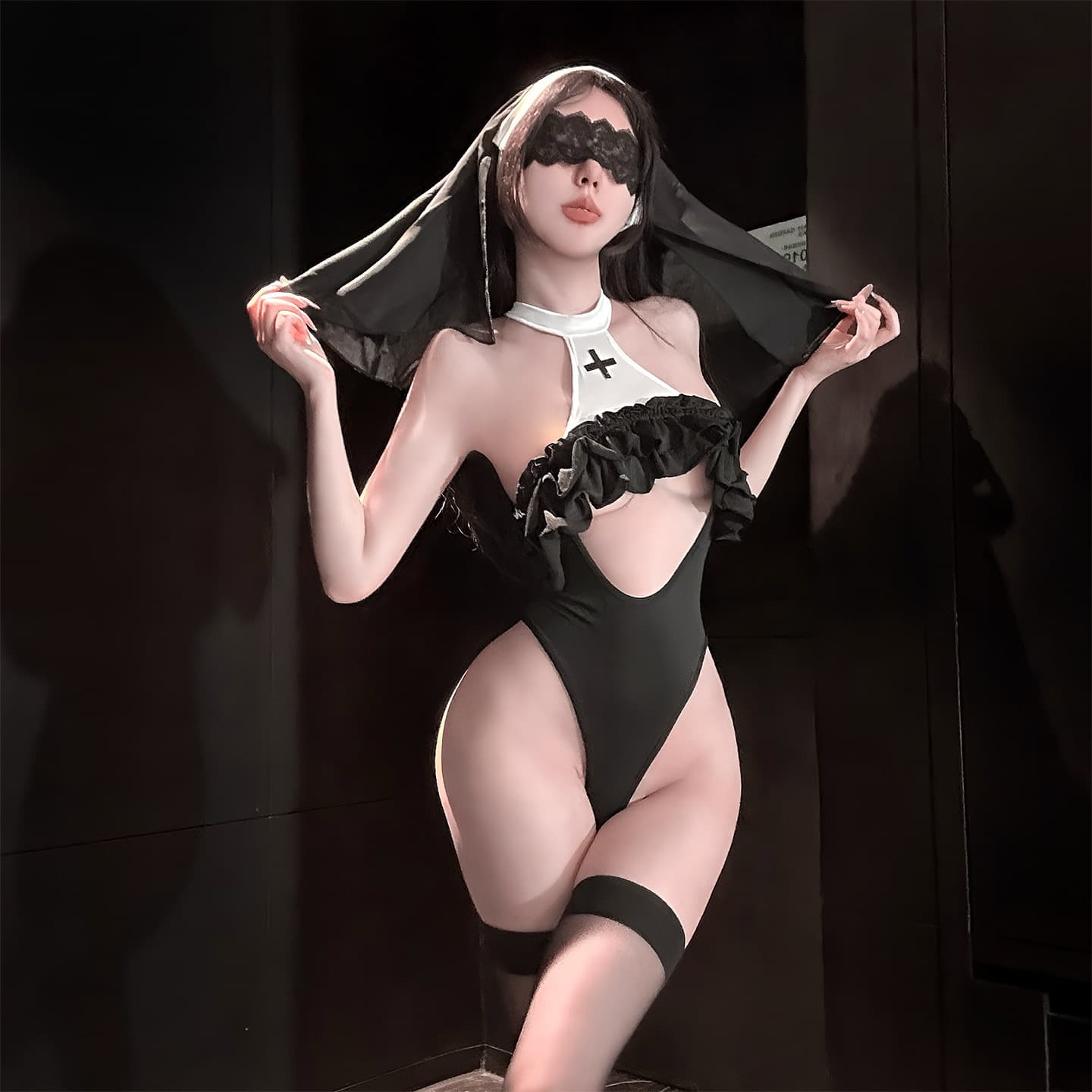 Charm Sexy Young Woman Flirting Sexy Lingerie Pure Desire Stockings Insertable Wearable Nun Seductive Temptation Costume
