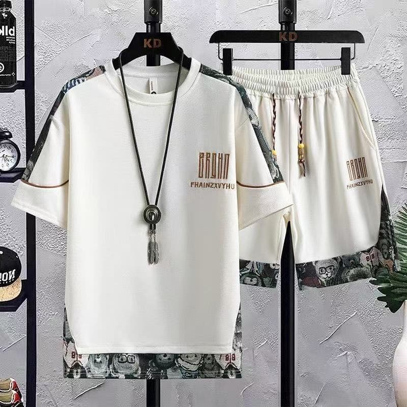 Men's Summer Ice Silk Chinese Style Short Sleeve T-Shirt Set, Stylish Casual Sportswear Outfit