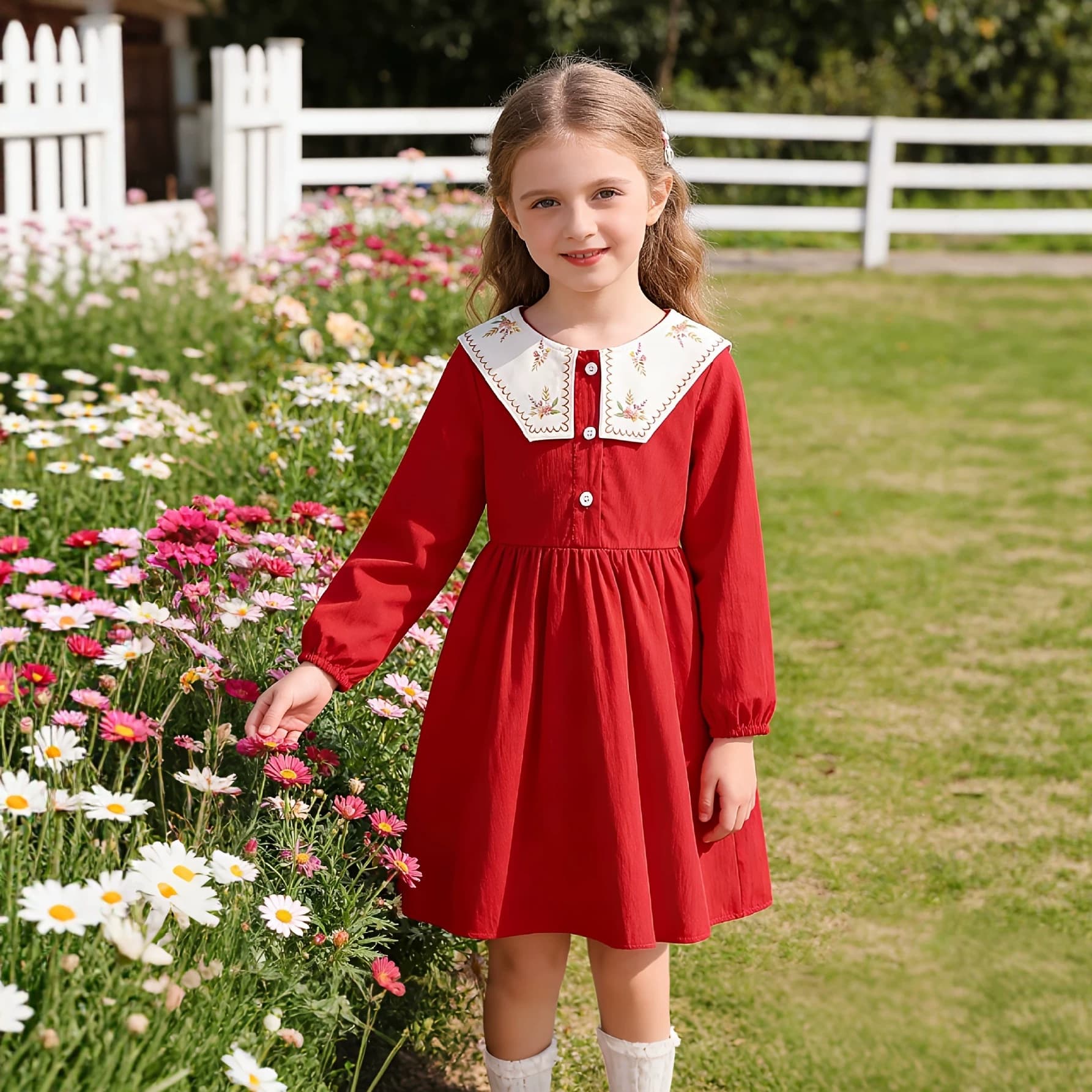Girls retro red embroidered doll collar dress spring and autumn new children's forest style long-sleeved waist A-line princess dress