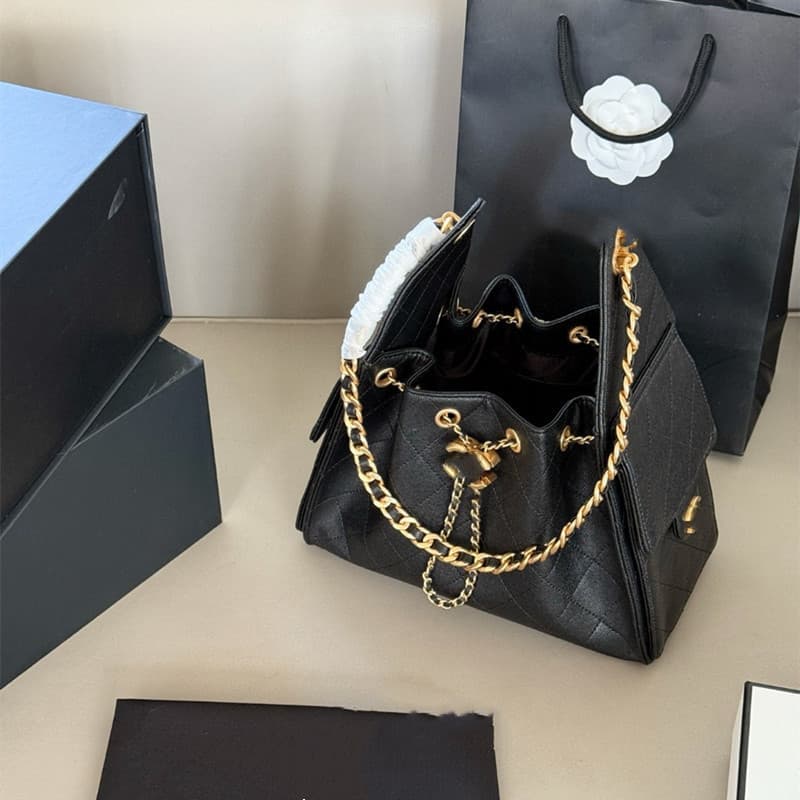 New Genuine Leather Women's Handbag Hobo Bucket Bag Large Capacity Caviar Grain Shoulder Crossbody Bag
