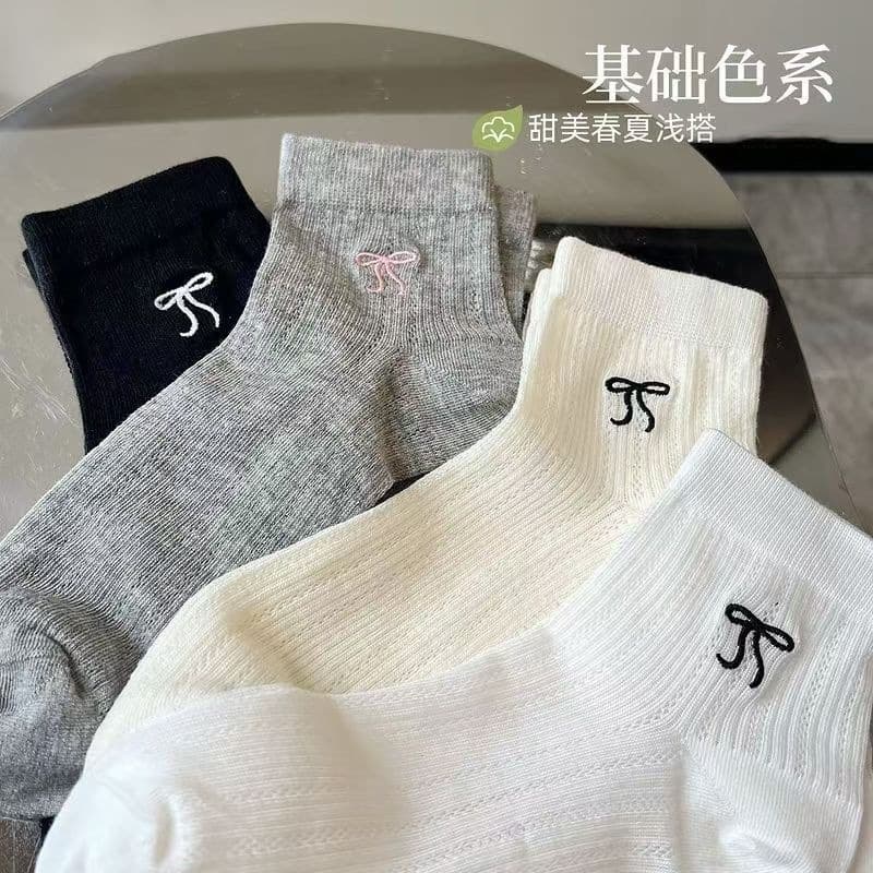Summer Thin Socks Bow Socks Korean Style Mesh Solid Color Breathable Miu Style Ballet Style Ins All-Match Short Socks for Women