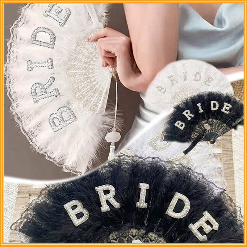 Vintage Retro Chinese Style Bride Pearl Letter Feather Duck Feather Fan