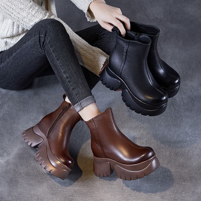 Platform Martin Boots Women 2024 Autumn/Winter New Brown Thick-Soled Short Boots Genuine Leather Petite Heel Fleece-Lined Retro Boots