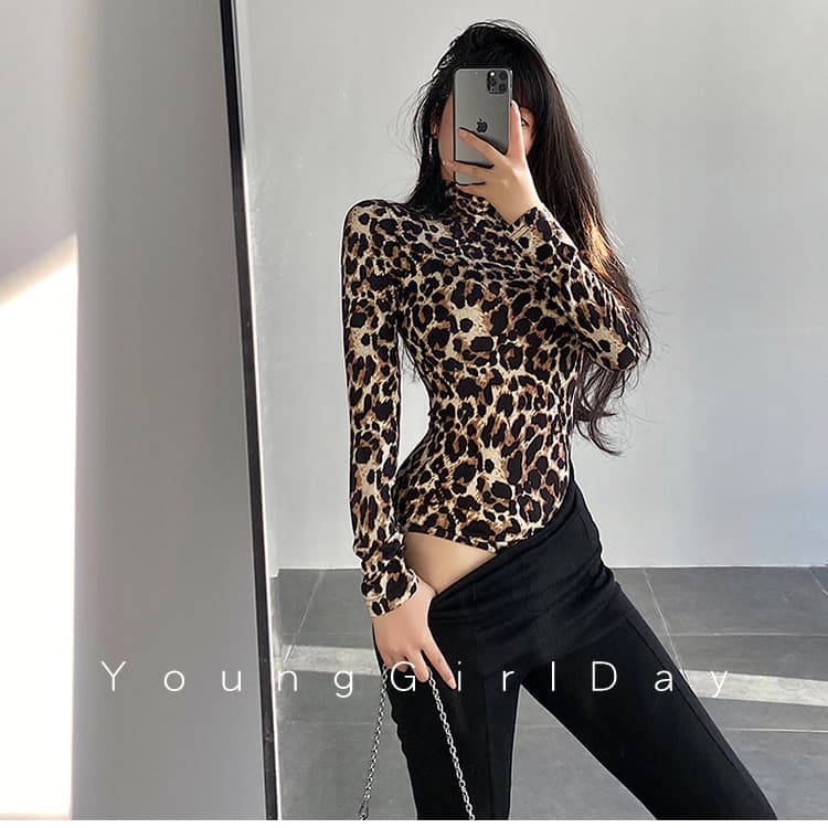 Women's Bodysuit Slim Fit Retro Leopard Print Long Sleeve Top Sexy Sheer Slimming