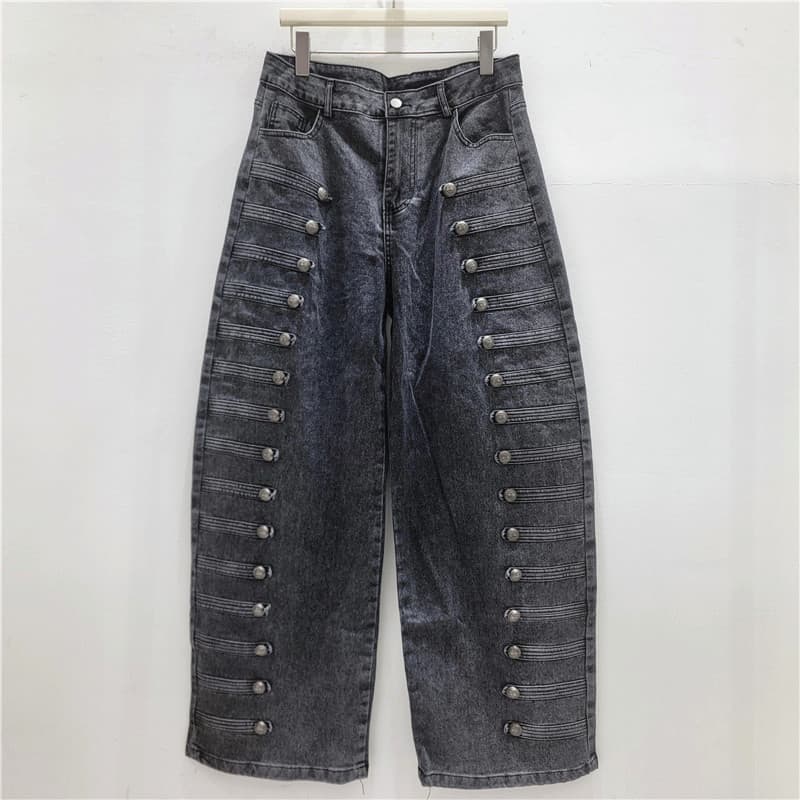 Designer American Stretch Denim Jeans for Women Vintage Metal Button Washed Curved Blade Fashion Street Style Wide Leg Floor-Length Pants