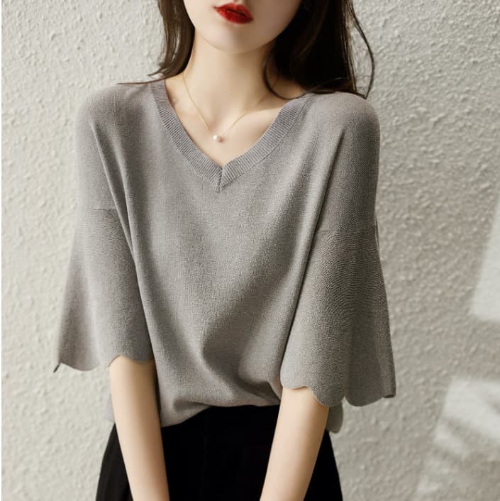 Flared Petal Sleeve V-Neck Top Women's Summer Knit T-Shirt Loose Short Sleeve Ice Silk Knitwear Thin Stylish Blouse