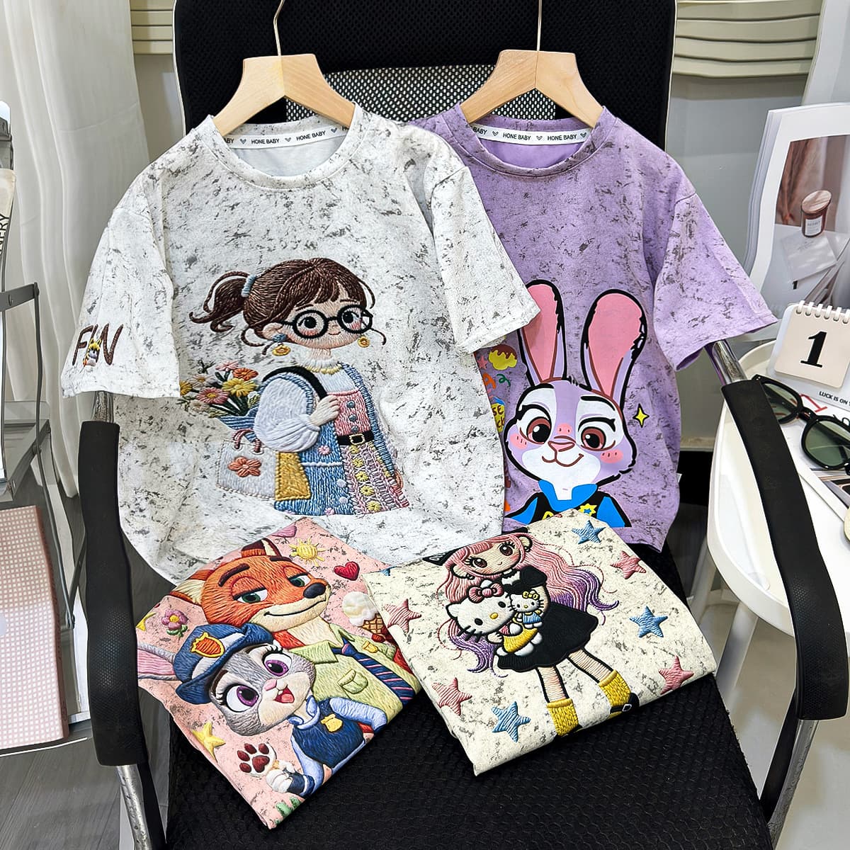 Summer Girls Short-Sleeve Tie-Dye T-Shirt New Cartoon Zootopia Embroidered-Look Casual Top for Bigger Kids Loose Fit