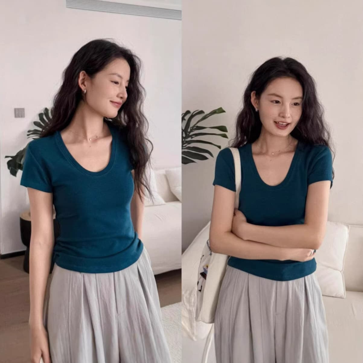 DIGM60382 Bestseller Returns 2026 Summer Korean Style Solid U-Neck Mask-Friendly Stretchy Slimming T-Shirt Base Layer