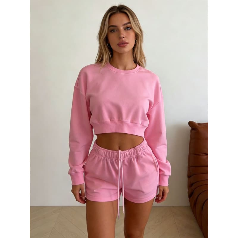 Cross-border Hot Selling Sweatshirt Set Women's Round Neck Long Sleeve Loose Fashion Sweatshirt Set Solid Color Simple Style Versatile