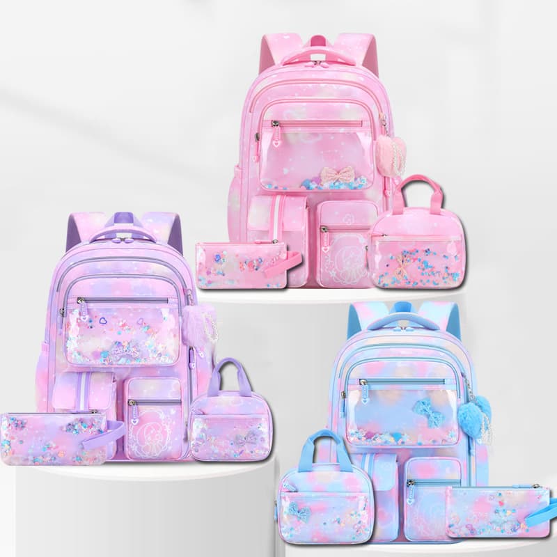 2025 Cross-Border Bestseller 3-Piece Set Backpack Butterfly Pink Purple Blue Three-Color School Bag for Girls