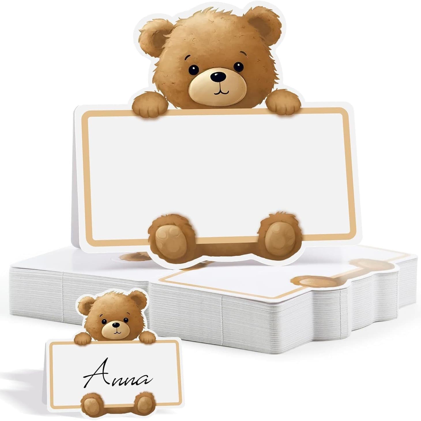 Bear table setting card, playful brown teddy bear foldable card tent and blank name card