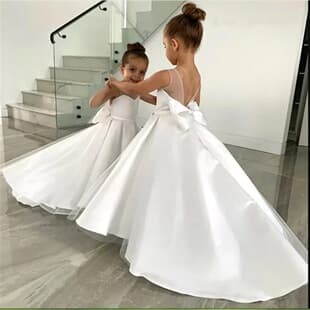 White Satin Flower Girl Wedding Small Train Dress Girls Catwalk Small Wedding Princess Dress Photo Studio Portrait Gown
