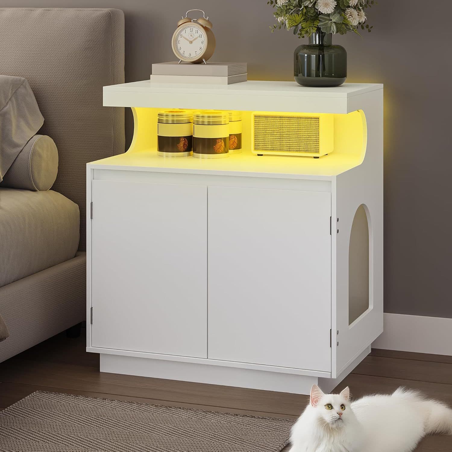 Hidden Cat Litter Box Cabinet Furniture with Storage Space, Side End Table for Indoor Cat House Washroom with Light